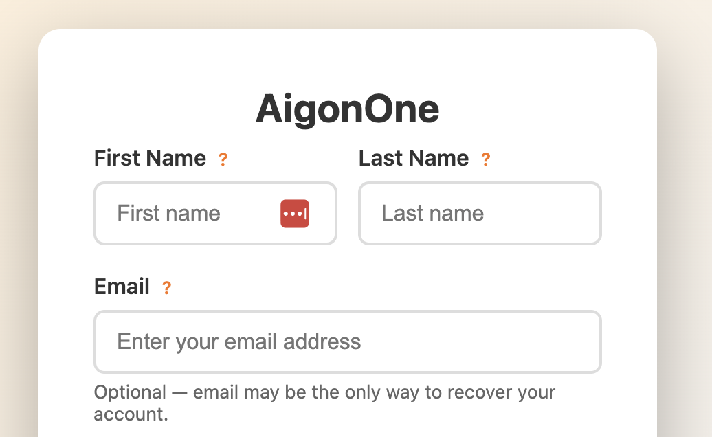 AigonOne account creation form