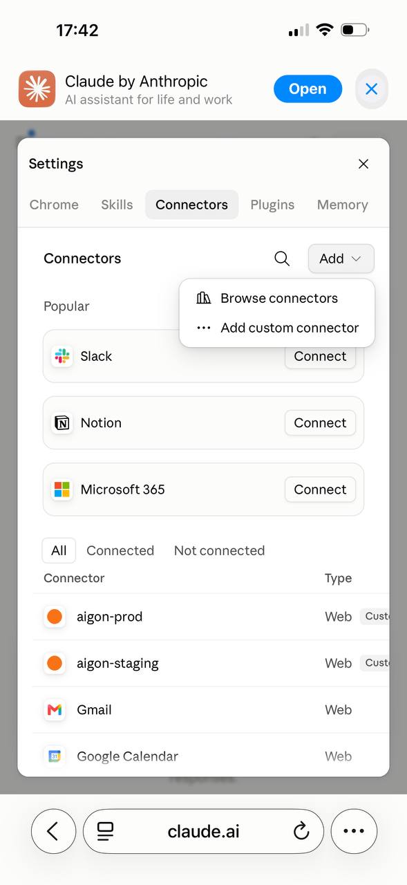 The Connectors tab, with Add custom connector