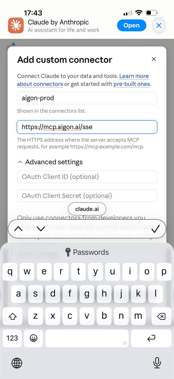 The Add custom connector dialog, filled in