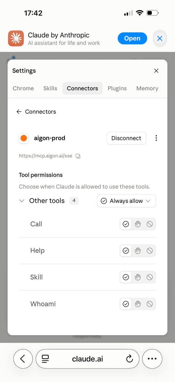 aigon-prod connected, with its tool permissions
