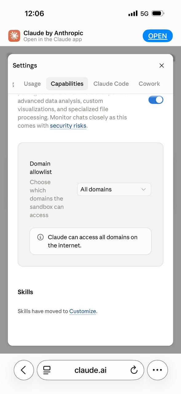 Claude Settings, Capabilities tab, showing the domain allowlist set to All domains