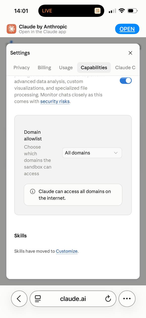 Capabilities, with the domain allowlist set to All domains